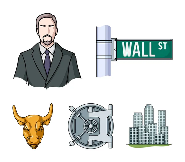 Wall Street, um homem de negócios, um cofre do banco, um touro de ouro. Dinheiro e finanças conjunto coleção ícones em desenho animado estilo vetor símbolo ilustração web . —  Vetores de Stock