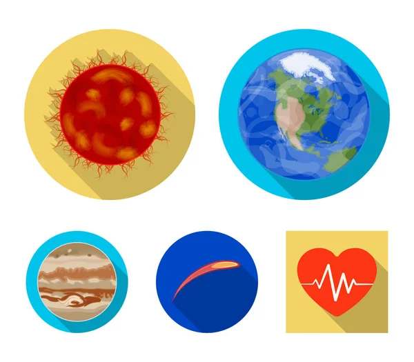 Jorden, Jupiter, solen av planeten i solsystemet. Asteroid, meteorit. Planeter som samling ikoner i platt stil vektor symbol stock illustration web. — Stock vektor