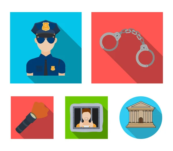 Esposas, policía, prisionero, linterna. Iconos de colección conjunto de policía en estilo plano símbolo vectorial stock illustration web . — Archivo Imágenes Vectoriales