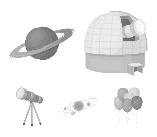 Το Αστεροσκοπείο με το τηλεσκόπιο ραδιόφωνο, πλανήτη Άρη, ηλιακό σύστημα με τις τροχιές των πλανητών, τηλεσκόπιο σε τρίποδο. Χώρο συλλογής εικόνες που σε μονόχρωμη στυλ διάνυσμα σύμβολο μετοχής εικονογράφηση web. — Διανυσματικό Αρχείο