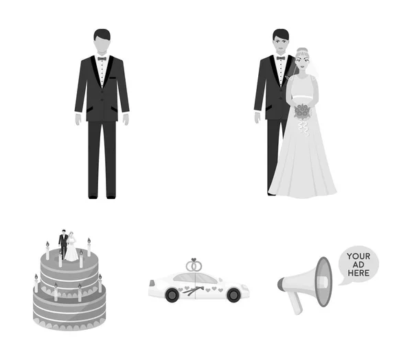 En brud och brudgum i en bröllopsklänning med en bukett rosor i sina händer, en groom i en festlig kostym, en cadillant av nygifta dekorerade med band och hjärtan, en bröllopstårta med bruden och — Stock vektor