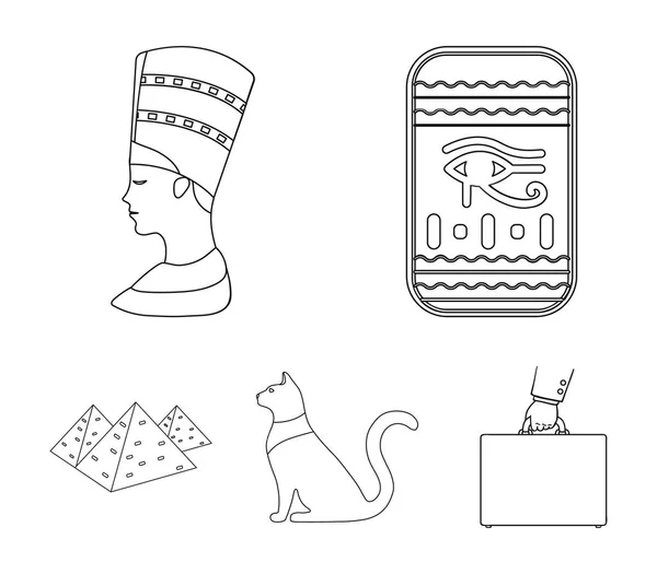 Oog van Horus, zwarte Egyptische kat, piramides, hoofd Nefertiti.Ancient Egypte instellen collectie iconen in omtrek stijl vector symbool stock illustratie web. — Stockvector