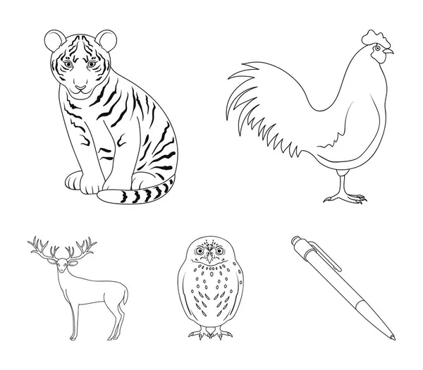 Coq, tigre, cerf, hibou et autres animaux.Animaux mis icônes de la collection dans le style contour vectoriel symbole illustration web . — Image vectorielle