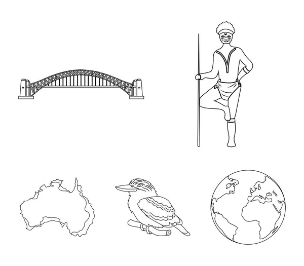 Domorodec s kopím, Sydney Harbor Bridge, kookabarra na větvi, na území země. Austrálie sada kolekce ikon v osnovy styl vektor symbol akcií ilustrace web. — Stockový vektor
