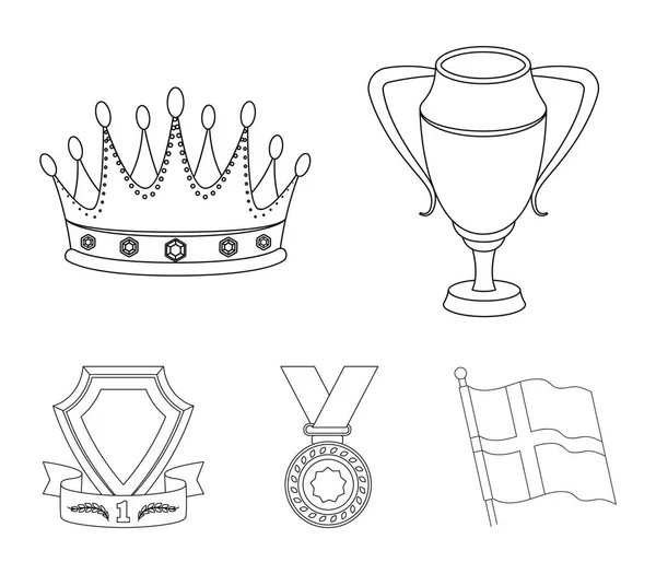 Een zilveren beker, een gouden kroon met diamanten, een medaille van de laureaat, een gouden bord met een rood lint. Awards en trofeeën instellenin collectie pictogrammen overzicht stijl vector symbool stock illustratie web. — Stockvector