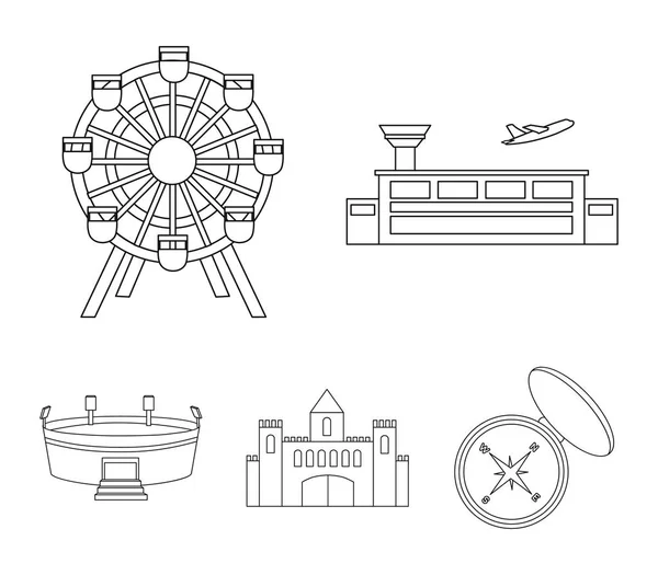 Aeroporto, roda gigante, estádio, castelo.Construção conjunto coleção ícones em estilo esboço símbolo vetorial estoque ilustração web . — Vetor de Stock