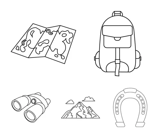 Rugzak, bergen, kaart van de omgeving, verrekijkers. Camping set collectie iconen in omtrek stijl vector symbool stock illustratie web. — Stockvector