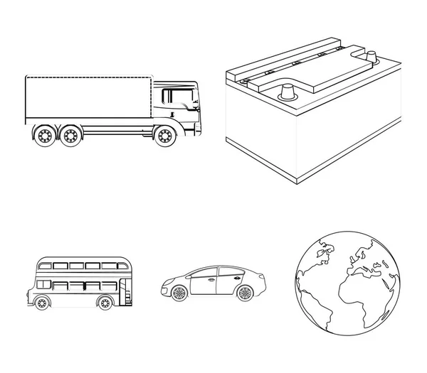 Iconos de contorno de batería y transporte en la colección de conjuntos para diseño. estación de mantenimiento del coche vector símbolo stock ilustración web . — Archivo Imágenes Vectoriales