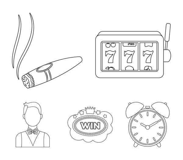 Игровой автомат, однорукий бандит, сигара с дымом, пятизвездочный знак отеля, дилетант в жилете. Казино и иконки коллекции азартных игр набор в набросок стиль векторных символов иконок веб-иллюстрации — стоковый вектор
