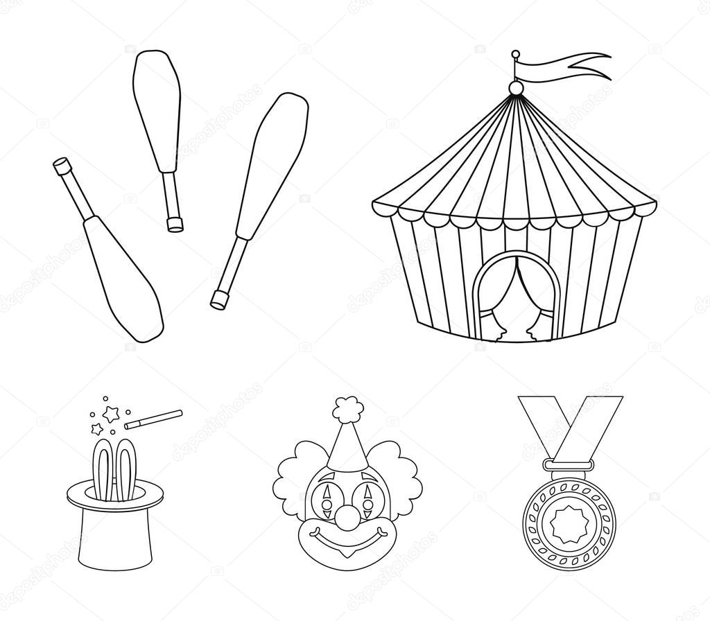 Circus tent, juggler maces, clown, magicians hat.Circus set collection icons in outline style vector symbol stock illustration web.