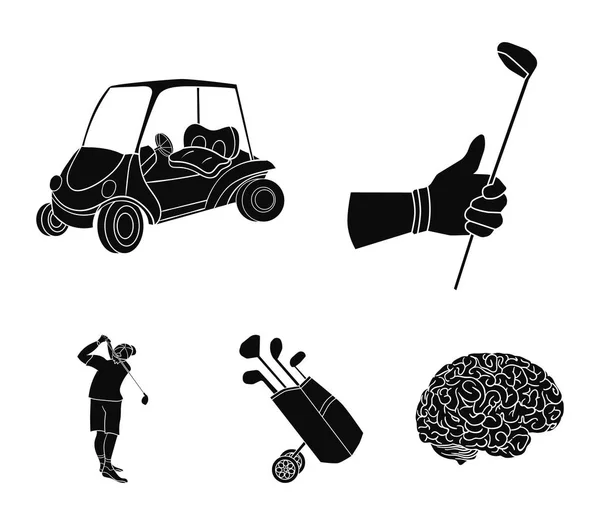 Eine behandschuhte Hand mit einem Stock, ein Golfcart, eine Trolley-Tasche mit Stöcken in einer Tasche, ein Mann, der mit einem Stock hämmert. Golf Club Set Sammlung Symbole im schwarzen Stil Vektor Symbol Stock Illustration Web. — Stockvektor