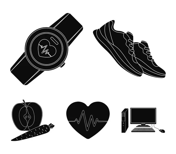 Heart rhythm, vitamins and other equipment for training.Gym and workout set collection icons in black style vector symbol stock illustration web. — Stock Vector