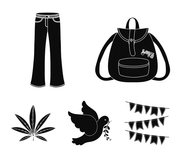 Uma folha de cannabis, uma pomba, jeans, uma mochila. Ícones de coleção de conjuntos Hippy em estilo preto símbolo vetorial ilustração web . — Vetor de Stock