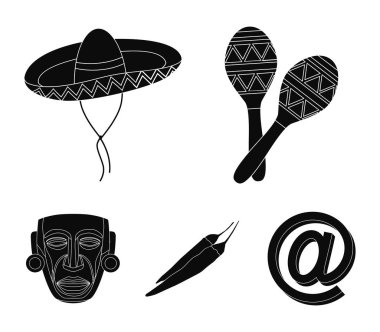 Marakas Ulusal müzik aleti, sambrero geleneksel Meksika headdress, kırmızı biber, acı, Idol-Tanrı. Meksika ülke toplama simgeler siyah stil vektör simge stok çizim web içinde ayarla..