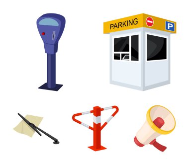 Bir park yeri, bir Parkmetre, hizmetleri için bir çek, bir engel. Buraya park edilmez toplama simgeler karikatür tarzı vektör simge stok çizim web içinde ayarla..