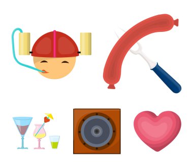 Kızarmış sosis, bira kask, kokteyller, hoparlör. Pub toplama simgeler karikatür tarzı vektör simge stok çizim web içinde ayarla..