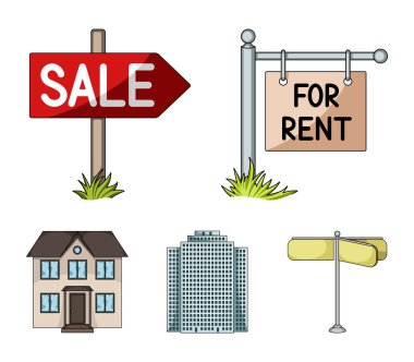 Satılık ve Kiralık, bir gökdelen bir iki katlı yazlık belirtisi. Emlakçı toplama simgeler karikatür tarzı vektör simge stok çizim web içinde ayarla..