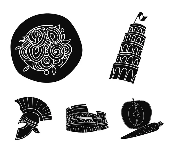 Pisa Kulesi, makarna, coliseum, Çöl Kaplanı kask. İtalya ülke toplama simgeler siyah stil vektör simge stok çizim web içinde ayarla..