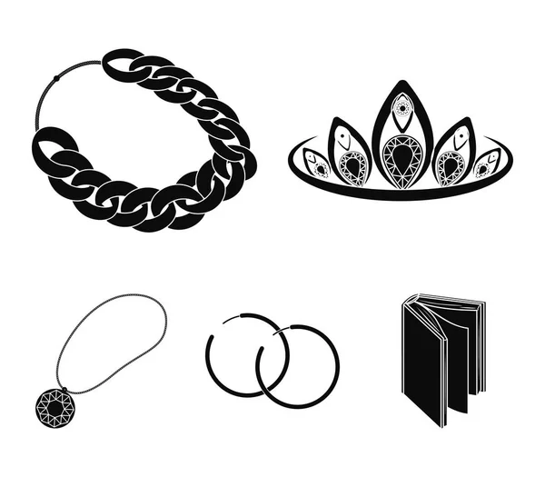 Tiara, cadena de oro, pendientes, colgante con una piedra. Joyería y accesorios set colección iconos en negro estilo vector símbolo stock ilustración web . — Vector de stock