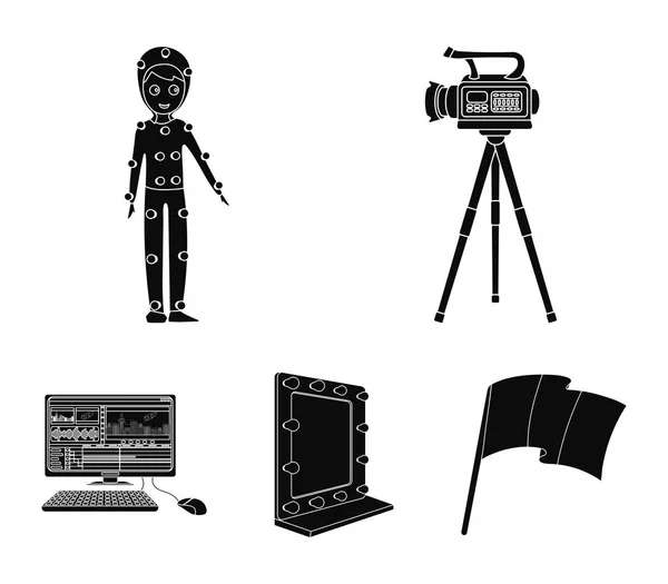 Bir film kamera, özel efektler için bir takım elbise ve diğer ekipmanlar. Toplama simgeler siyah stil vektör simge stok çizim web içinde ayarla film yapma. — Stok Vektör