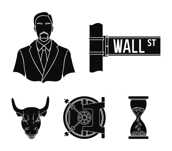Wall Street, um homem de negócios, um cofre do banco, um touro de ouro. Dinheiro e finanças conjunto coleção ícones em estilo preto símbolo vetorial ilustração web . — Vetor de Stock