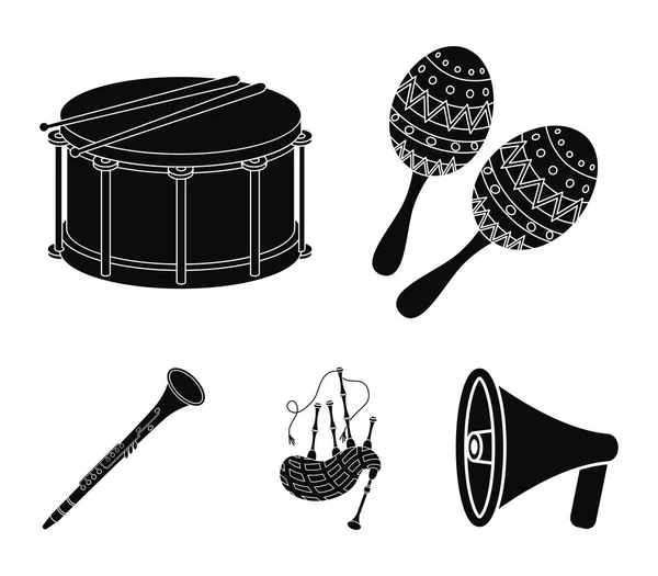 Maracas, tambor, gaitas escocesas, clarinete. Instrumentos musicales conjunto colección iconos en negro estilo vector símbolo stock ilustración web . — Vector de stock