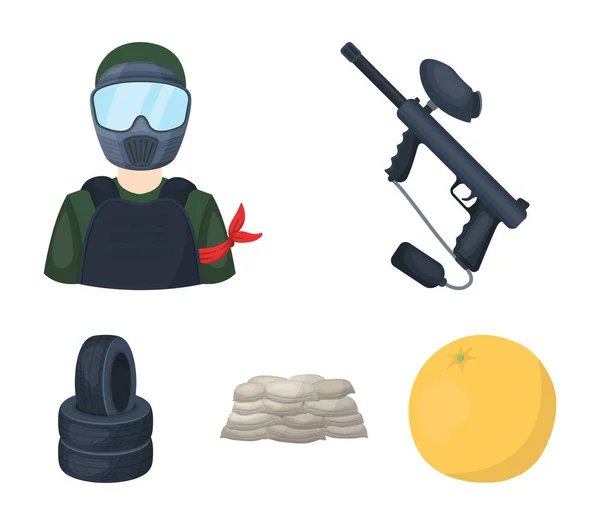 Paintball marcador, jugador y otros accesorios. Paintball único icono en el estilo de dibujos animados vector símbolo stock ilustración web . — Vector de stock