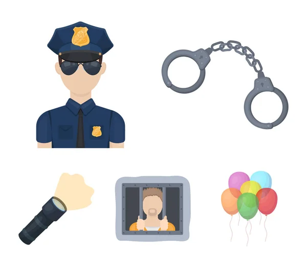 手錠、警官、囚人、懐中電灯。警察漫画スタイルのベクトル シンボル ストック イラスト web のコレクションのアイコンを設定. — ストックベクタ