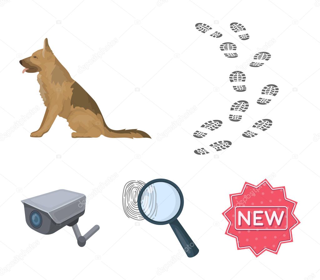 Traces on the ground, service shepherd, security camera, fingerprint. Prison set collection icons in cartoon style vector symbol stock illustration web.