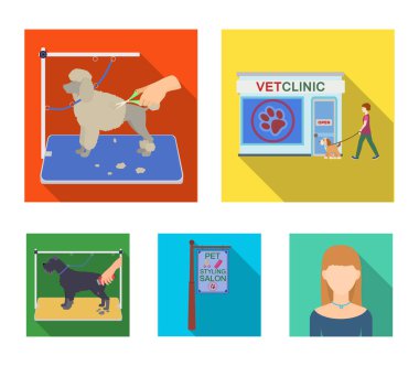Bir veteriner Kliniği, şık bir salon a evde beslenen hayvan köpek bir saç kesimi için bir tabela ziyaret. Veteriner Kliniği ve evde beslenen hayvan, köpek bakım toplama simgeler düz stil vektör simge stok çizim web içinde ayarlayın..