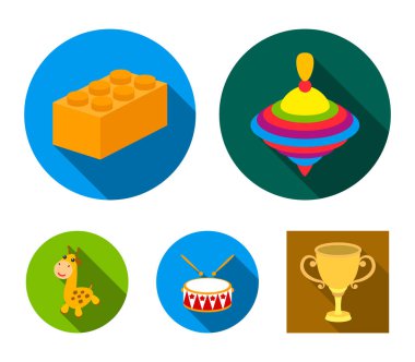 Yula, lego, davul, zürafa. Oyuncak toplama simgeler düz stil vektör simge stok çizim web içinde ayarla..