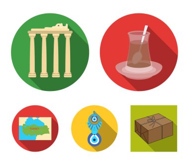 Türk çayı, muska, Harabeleri antik, bölge haritası. Türkiye'nin toplama simgeler düz stil vektör simge stok çizim web içinde ayarla..