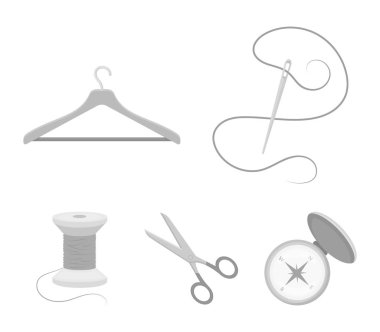 İş parçacığı, makara, askı, iğne, makas. Atelier toplama simgeler tek renkli stil vektör simge stok çizim web içinde ayarla..
