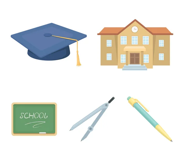 School building, college with windows, a masters or applicants hat, compasses for a circle, a board with a chalk school inscription. School and education set collection icons in cartoon style vector — Stock Vector