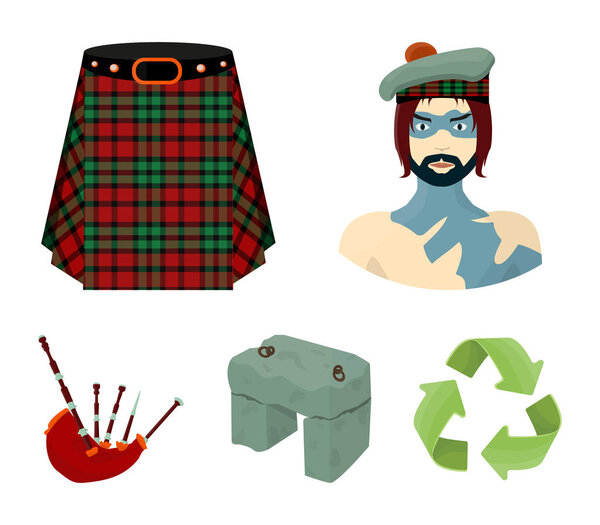 Highlander, Scottish Viking, tartan, kilt, scottish skirt, scone stone, national musical instrument of bagpipes. Scotland set collection icons in cartoon style vector symbol stock illustration web.
