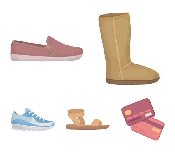 Beige ugg stövlar med päls, bruna loafers med en vit sula, sandaler med ett fästelement, vita och blå sneakers. Skor som samling ikoner i tecknad stil vektor symbol stock illustration web. — Stock vektor