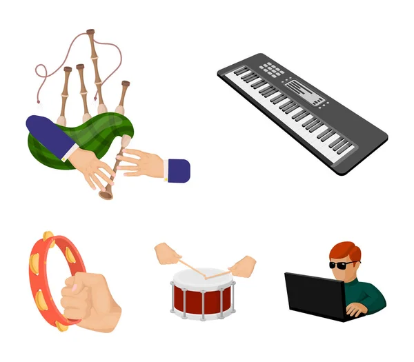 Mélodies de synthétiseurs, cornemuses Scotch et autres icônes web en style dessin animé. tambour, rouleau de tambour, tambourin à la main icônes dans la collection ensemble . — Image vectorielle
