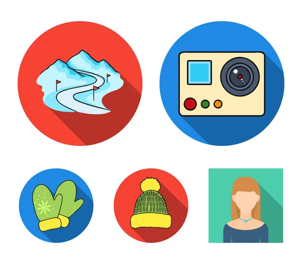 Mittens, warm hat, ski piste, motion camera. Ski resort set collection icons in flat style vector symbol stock illustration web. — Stock Vector