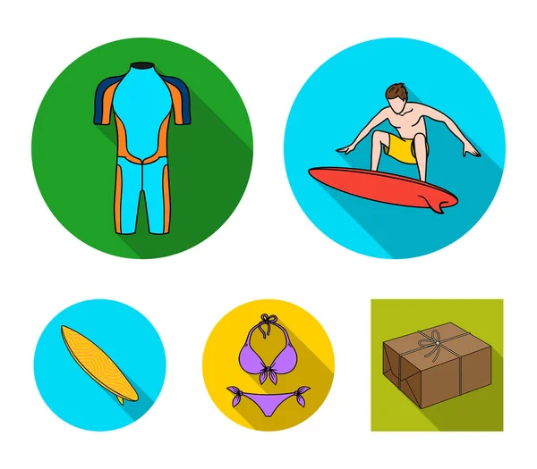 Surfer, våtdräkt, bikini, surfbräda. Surfing som samling ikoner i platt stil vektor symbol stock illustration web. — Stock vektor