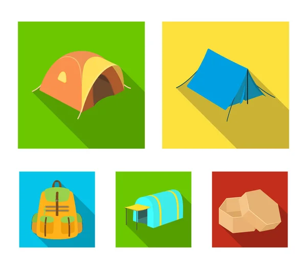 Plecak i innych rodzajów namioty. Namiot ustawiony kolekcji ikon w www ilustracji symbol wektor płaski. — Wektor stockowy