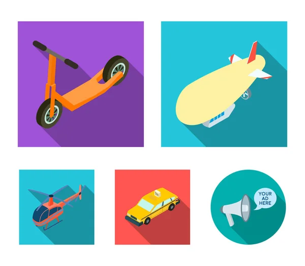 Un dirigible, un scooter para niños, un taxi, un helicóptero. Iconos de colección conjunto de transporte en forma plana símbolo vectorial stock illustration web . — Archivo Imágenes Vectoriales