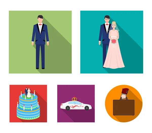 A bride and groom in a wedding dress with a bouquet of roses in their hands, a groom in a festive suit, a cadillant of newlyweds decorated with ribbons and hearts, a wedding cake with the bride and — Stock Vector