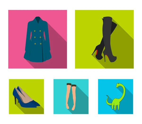 Womens high boots, coats on buttons, stockings with a rubber band with a pattern, high-heeled shoes. Womens clothing set collection icons in flat style vector symbol stock illustration web. — Stock Vector