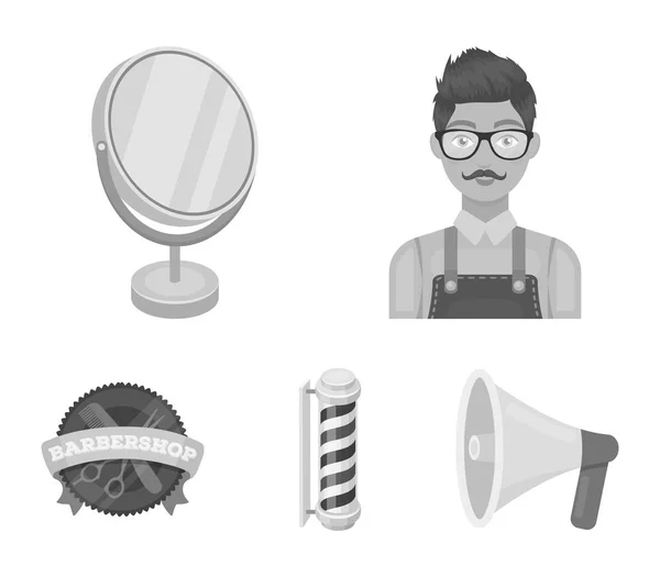 Mannelijke kapper, teken, spiegel en andere apparatuur voor een kapper. Barbershop instellen collectie iconen in zwart-wit stijl vector symbool stock illustratie web. — Stockvector