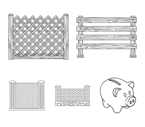 Ein Zaun aus Metall und Ziegeln, Holzpalisade. ein anderer Zaun setzt Sammlungssymbole in Umriss Stil Vektor Symbol Stock Illustration Web. — Stockvektor