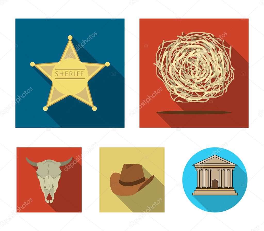 Tumbleweed, sheriffs star, hat, bulls skull. West West set collection icons in flat style vector symbol stock illustration web.