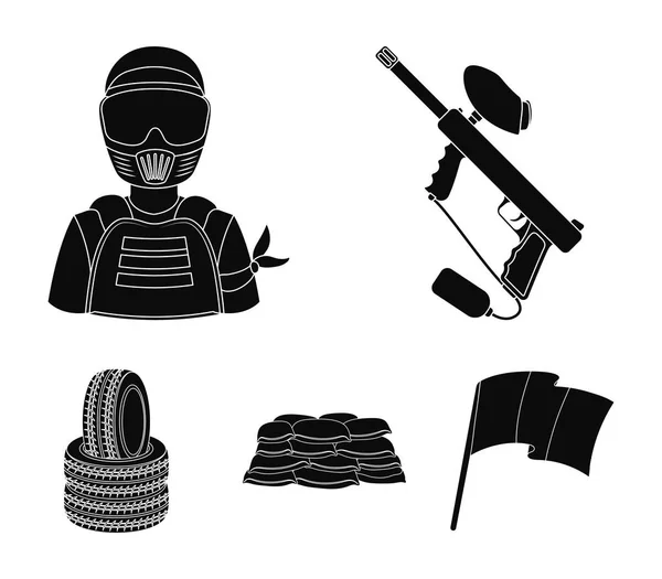 Paintball marcador, jugador y otros accesorios. Paintball icono único en negro estilo vector símbolo stock ilustración web . — Vector de stock