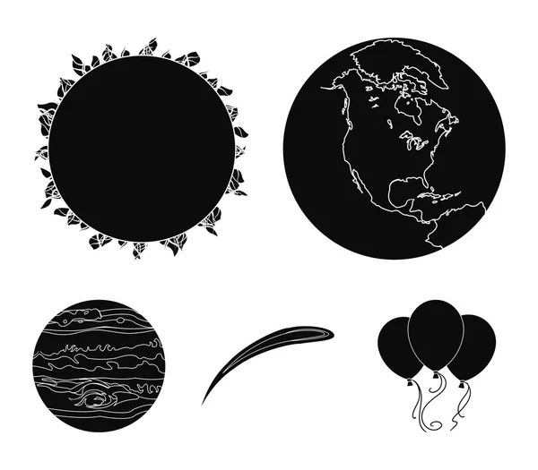 Země, Jupiter, slunce, planety sluneční soustavy. Asteroidů, meteorit. Planety sada kolekce ikon v černém stylu vektor symbol skladem ilustrace web. — Stockový vektor