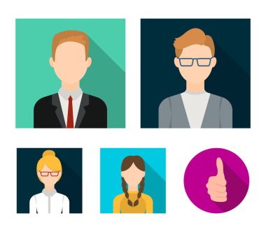 Pigtails, iş adamı, iş kadını, gözlüklü çocuk kızla. Avatar toplama simgeler düz stil vektör simge stok çizim web içinde ayarla..