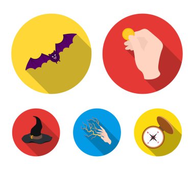Odak bir sikke, bir yarasa, mages şapka, bir şimşek-hızlı büyü ile. Siyah ve beyaz büyü toplama simgeler düz stil vektör simge stok çizim web içinde ayarla..